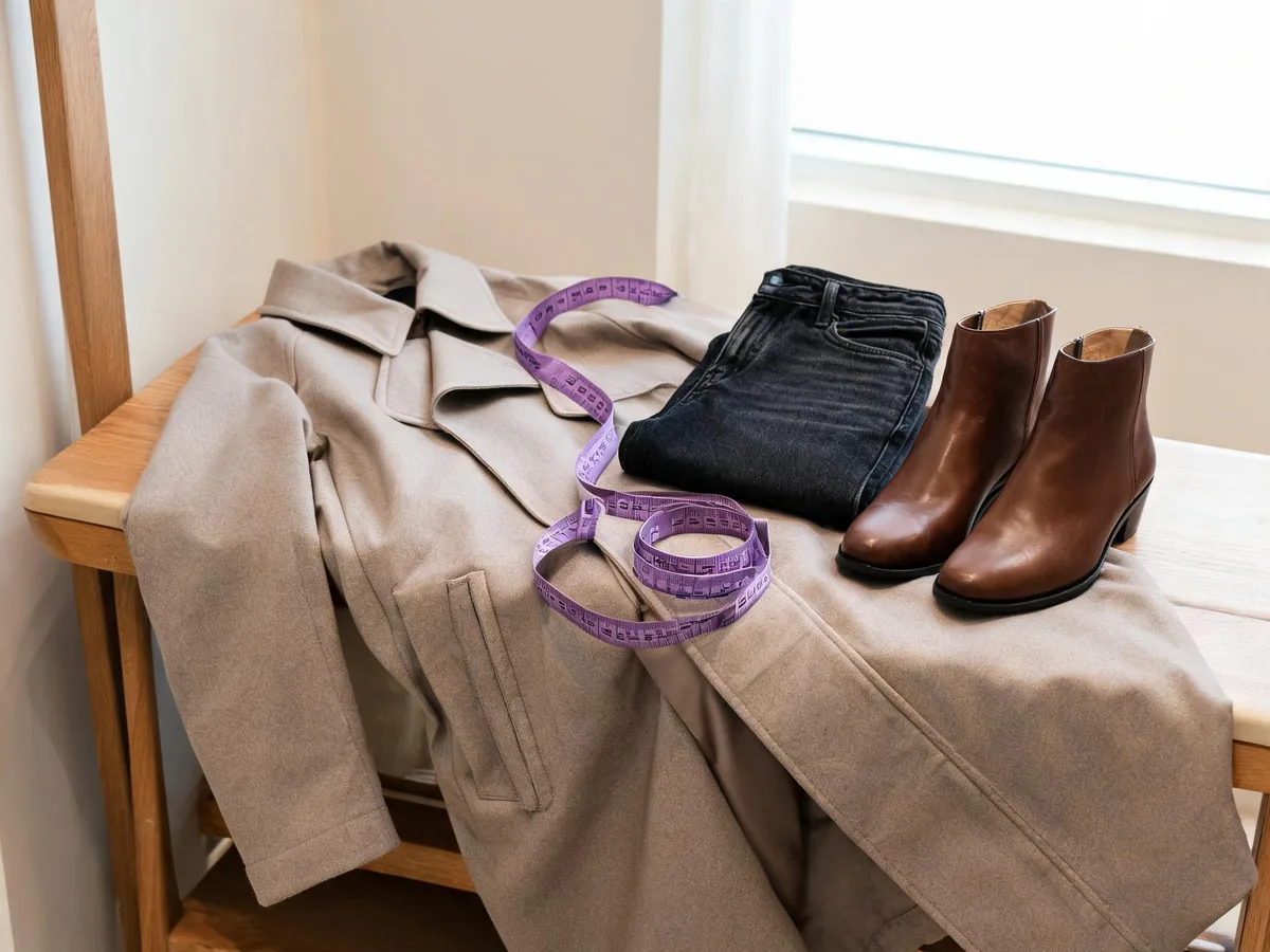 Alvin's Club — a measuring tape, stone trench coat, dark denim, and brown leather boots arranged on a wooden fitting-room bench