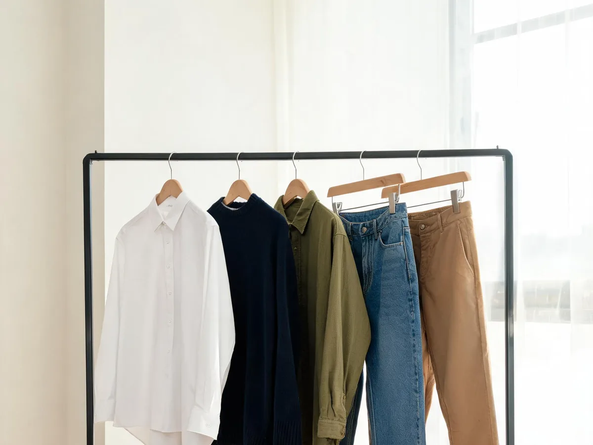 Alvin's Club — a clothing rack with a white shirt, navy cardigan, olive overshirt, blue jeans, and tan chinos in a bright dressing room