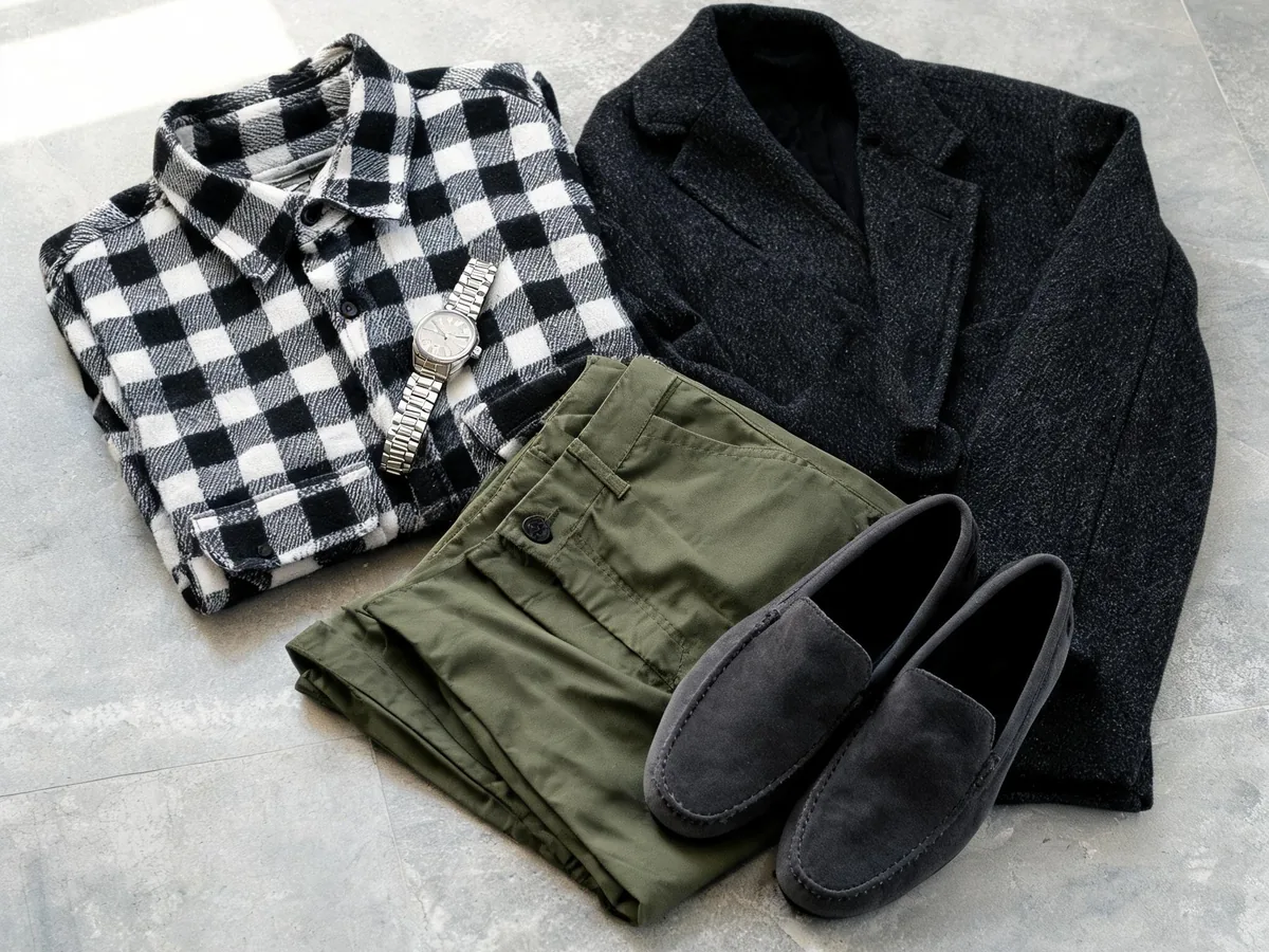 Alvin's Club — a flat lay of a black and white flannel, olive chinos, charcoal wool outerwear, suede loafers, and a silver watch on a stone surface