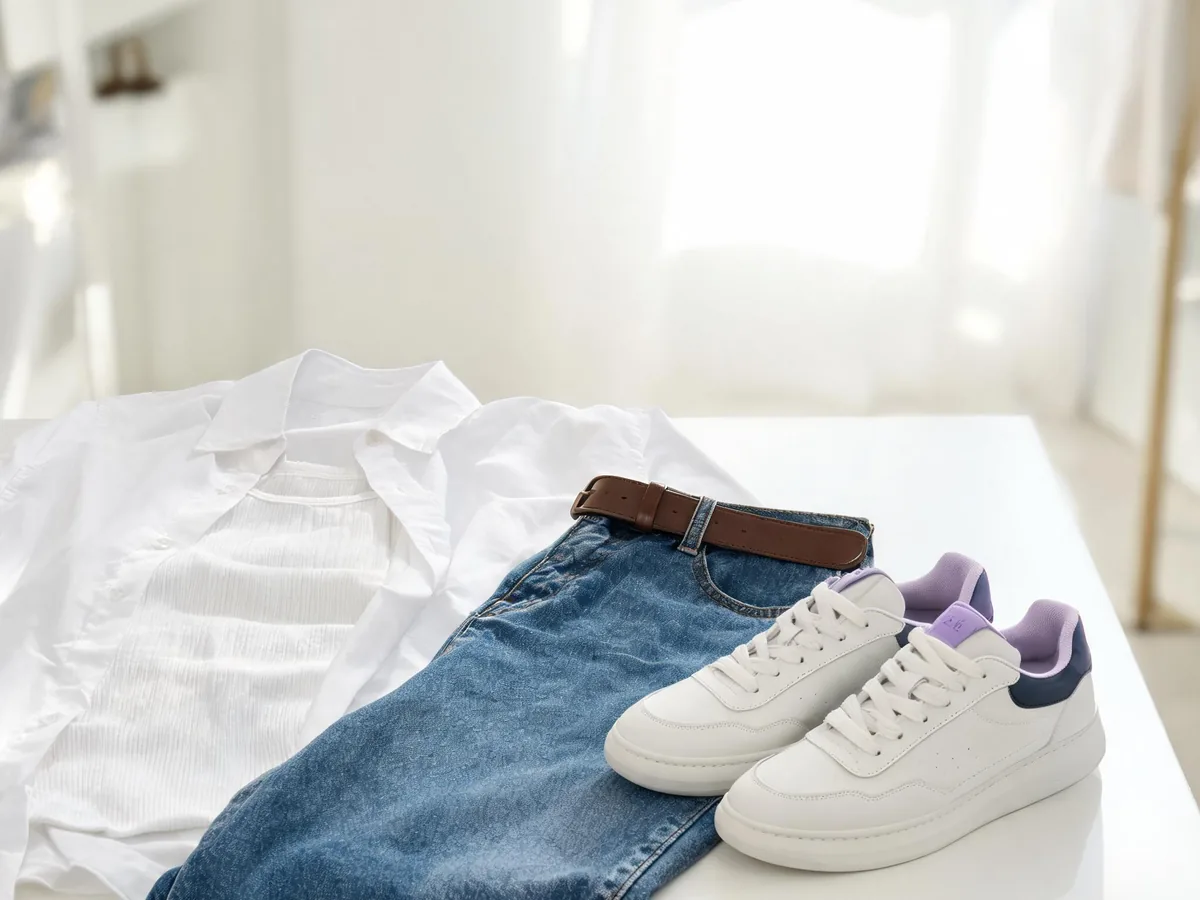 Alvin's Club — an open white shirt layered over a ribbed tank beside straight-leg blue jeans, a chocolate-brown belt, and low-profile sneakers in a bright dressing room